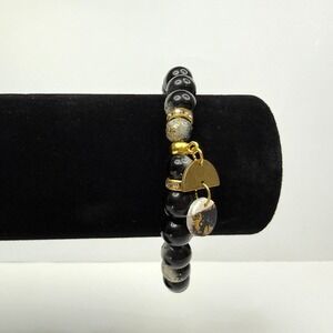 Black & Gold Acrylic Beaded Charms Bracelet Stretch Band Statement Jewelry 7.25